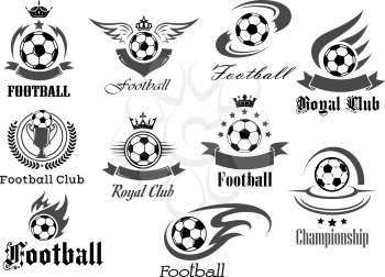 Football royal club icons set. Soccer tournament or championship game award badges templates. Vector symbols of fire ball with wings, goal victory ribbon and winner cup with crown of stars