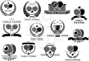 Table tennis badges for sport club or tournament or championship. Symbols of ping pong ball and racket on net, victory laurel wreath ribbon and winner cup goblet with crown of stars. Vector template i