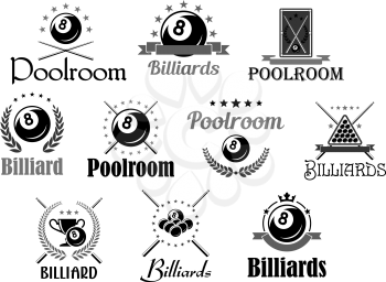 Billiards club or pool room sport tournament awards icons. Vector symbols of billiard cue and balls in triangle, heraldic laurel wreath and champion winner cup prize, victory crown and stars