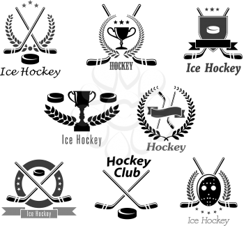 Ice hockey club and sport tournament award icon templates for championship badges. Puck, hockey-stick and goal keeper mask vector symbols. Set of victory cup and champion winner laurel wreath with rib