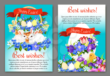 Easter egg hunt celebration greeting card. Easter egg and spring flowers in basket with rabbit bunny and chicken chick cartoon poster template with Happy Easter ribbon banner and floral garlands