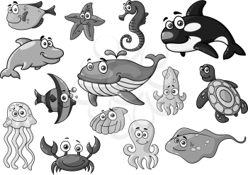 Cartoon sea animals and fishes icons. Orca whale or dolphin, starfish and jellyfish, seahorse and turtle. Underwater sealife stingray and shell, lobster crab or squid and octopus. Vector isolated set