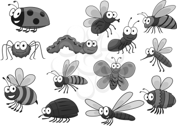 Bugs and insects of bee or ladybug or ladybird, fly and wasp or bee and bumblebee, butterfly and caterpillar or hornet beetle. Moth and ant, dragonfly and spider. Cartoon vector icons set