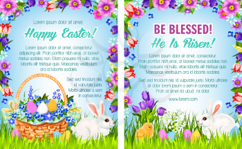 Easter spring holidays cartoon poster template with floral frame and text layout. Easter egg hunt basket with eggs and flowers on green grass with rabbit bunny and chicken, edged by tulip and lily