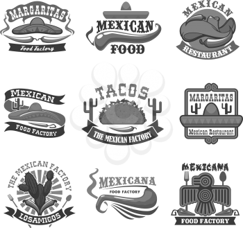 Mexican restaurant and food cafe bar icons. Mexico cuisine tacos tortilla and cactus agave, hot chili pepper jalapeno, sombrero mexican hat and Aztec or Maya bird symbol. Vector isolated templates set