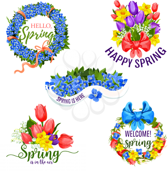 Hello Spring design of flowers and blooming springtime tulips, daffodils or crocuses, narcissus and lily of valley floral wreath with bow ribbons. Vector bouquets icons set for spring holiday greeting