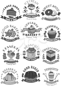 Bakery and cake shop icons of desserts and cakes. Chocolate pastry biscuits, ice cream and muffins. Torte cheesecake or brownie pies and gingerbread cookies. Vector template set for cafe or cafeteria