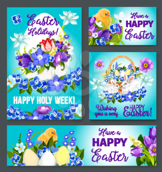 Happy Easter greeting poster cards and banners set. Vector design of Easter eggs and paschal bunny in spring flowers bow wreath of crocuses, daffodils and tulips bunch for Holy Week religion holiday