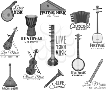 Live music concert or festival vector template icons. Musical instrument gusli harp and flute pipe, accordion or bayan harmonic, drum and balalika, lute or biwa and koto. Vector isolated set
