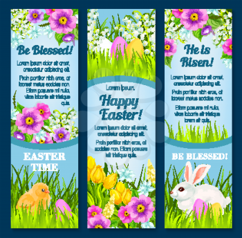 Happy Easter greetings for He is Risen and Be blessed design. Vector paschal banners set of wishes and Easter eggs with bunny and chick in spring flowers for Holy Week religion holiday