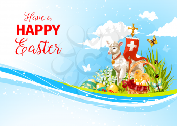 Happy Easter greeting card with passover lamb and crucifix cross symbol on flag, paschal eggs in spring flowers and willow switches. Vector Easter template for Resurrection Sunday religion holiday