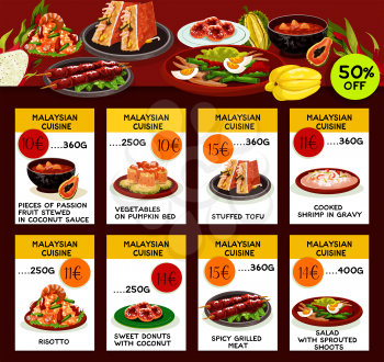 Malaysian cuisine restaurant menu template. Asian food special offer flyer with text layouts and seafood risotto, fried rice, grilled meat, fish salad, papaya soup, stuffed tofu and donut dishes