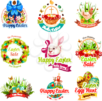 Easter sale and egg hunt celebration cartoon icon set. Easter egg, rabbit bunny, spring flower wreath, chicken, egg hunt basket, chick, lamb of God and cross with ribbon banner and special offer text