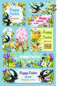 Happy Easter Day greeting tag, label and poster set. Easter egg with blooming flowers of tulip, lily and narcissus, swallow bird and butterfly, decorated by ribbon and bow. Spring holidays design