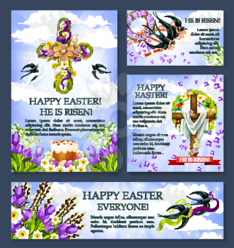 Easter cross with flower and bird banner or poster template. Easter egg and cake, crucifix with flower of tulip, lily and narcissus, swallow bird carrying floral wreath and Happy Easter ribbon banner