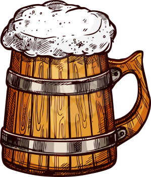 Beer wooden mug isolated sketch. Old wood cup of beer, lager or ale with foam head. Pub and bar menu, alcohol beverage label, brewery symbol design