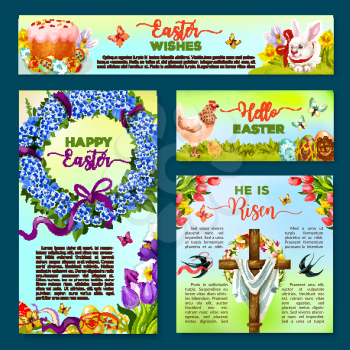Easter holiday cartoon banner template set. Easter egg on grass with rabbit bunny, spring flower, cake, chicken, chick, Easter cross with floral wreath of tulip, narcissus flower, ribbon, swallow bird