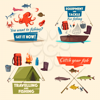Fishing sport and traveling, fish catch, fisherman equipment cartoon icon. Fishing boat with spinning rod and tackle, sea and river fish, tourist tent. Fishing camping, outdoor recreation design