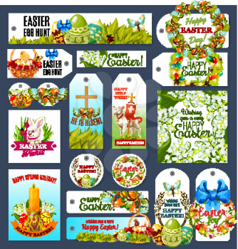 Easter Egg Hunt rabbit tag set. Easter egg in grass, bunny with basket, floral wreath of spring flowers and eggs, chicken, chick, lamb of God, cross, candle, lily, tulip and ribbon bow labels design