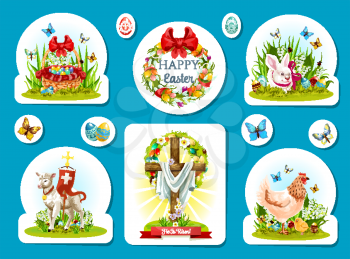 Easter holiday sticker set. Easter egg, rabbit bunny, chicken, egg hunt basket, floral Easter wreath, crucifix cross, chick and lamb of God cartoon symbol with spring flower and butterfly