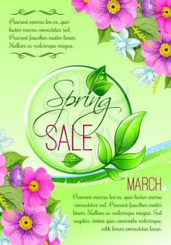 Spring Sale vector poster design for March springtime holiday promo shopping discount. Floral bunches of pink crocuses, blooming snowdrops and lily flowers blossoms on grass and leaves
