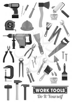 Work tools vector icons of tape measure ruler, helmet and drill, hammer and saw, wrench and screwdriver or screws, plaster trowel and paint brush, carpentry plane, mallet and pliers