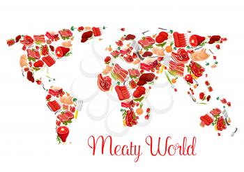 Meat world map poster. Fresh beef steak, ham, bacon, pork chop, lamb ribs, chicken, turkey and burger patty with fresh herbs and vegetables arranged into geographic chart. Butchery shop, food design