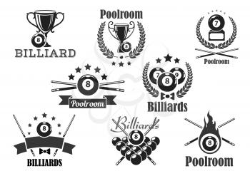Billiards club vector icons. Award emblems of pool game contest or poolroom tournament with symbols of balls, champion winner cup prize and heraldic laurel wreath with victory crown and stars