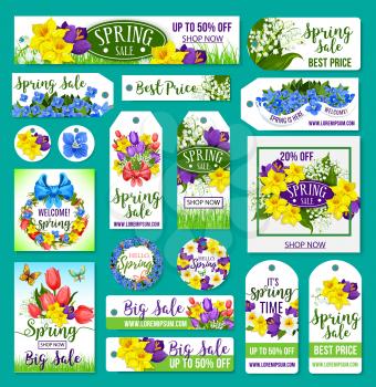 Spring Sale shopping tags, web banners, posters and price labels. Vector set for shop or online store offers. Spring time holiday design of flowers crocuses, daffodils and lily floral bouquets