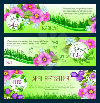 Spring Sale vector banners for springtime holiday promo shopping discount. Design of floral bunches or wreath bouquets and flowers crocus, forget-me-not, narcissus or snowdrops and lily on grass meado