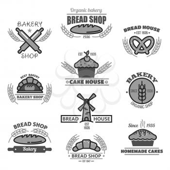 Bakery shop icons set. Vector symbols of bread buns and bagels, baked cakes and dough rolling pin, wheat or rye ears and flour mill for bread house or baker market store