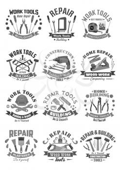 Work tools icons for building, repair and construction. Carpentry repairman instruments screwdriver and tape measure ruler, drill and plaster trowel. Vector isolated symbols of hammer, saw and paint b