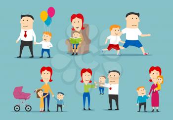 Happy family set. Parent and children spending time together. Mother, father, son and daughter reading, playing, walking outdoor, jogging and celebrating holiday. Family relationship, parenting design