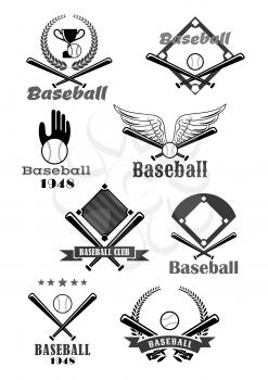 Baseball sporting club symbol set. Baseball bat and ball with glove, champion trophy cup and field, framed by heraldic wreath, ribbon banner and wing for sport team, club and competition emblem design