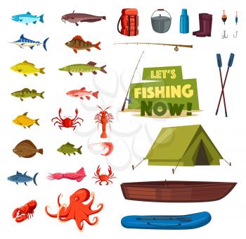 Fishing sport cartoon icon set. Fish, fishing rod, boat and tackle, fisherman catch and equipment, tourist tent and fresh lobster, crab, salmon, tuna, pike, marlin. Design element for fishing emblem