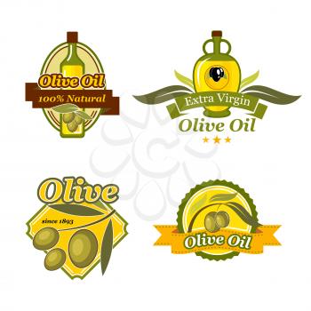 Olive oil label and emblem set. Fresh green olive fruit with tree branch and leaf, glass bottle and jug badges, decorated ribbon banner. Olive oil and food packaging design
