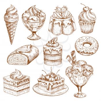 Pastry, desserts and cakes vector sketches. Pie and muffin cupcake, berry tart and pudding. Patisserie chocolate brownie or donut and cheesecake biscuit for bakery shop or ice cream cafeteria