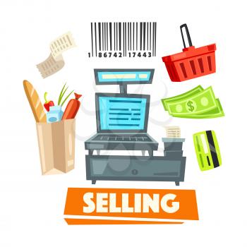 Shop vector icons and retail selling items set of cash desk, purchase bar code, supermarket shopping cart or basket, credit card and money banknotes, grocery products paper bag and check receipt