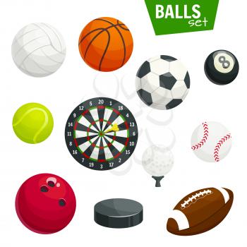 Sport balls vector icons. Isolated sports game items of soccer football, volleyball and handball or basketball, bowling and tennis, gold and pool billiards or rugby, hockey puck and darts arrows