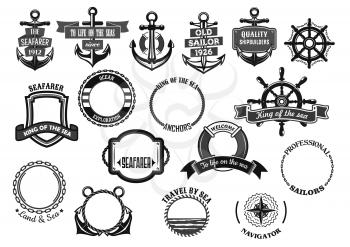Nautical seafarer and marine sailor heraldic icons. Ship anchor, helm and life buoy, maritime chains and sailing navigation compass with water ribbons for voyager and shipbuilder. Vector symbols set