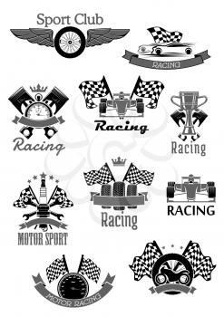 Car speed racing sport icons. Motor rally sport club symbols set of vector sportscar engine piston, wheel tires and checkered flag for bike championship or tournament. Victory ribbons and winner cup