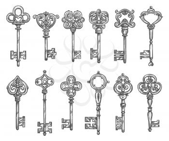 Vintage keys sketch icons. Vector set old brass or metal bronze forges lock keys from antique or medieval royal castle or fortress doors or gates with ornate or flourish bows and wards