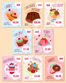 Price tags for bakery desserts. Vector special offer or discount card labels for pastry cakes, torte pies and cupcakes. Set of cookies and berry tarts or cheesecakes for patisserie menu