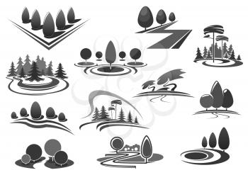 Trees and forest park icons set for landscape gardening or planting design company. Vector isolated set of green nature environment and woodlands for gardens horticulture or eco environment service
