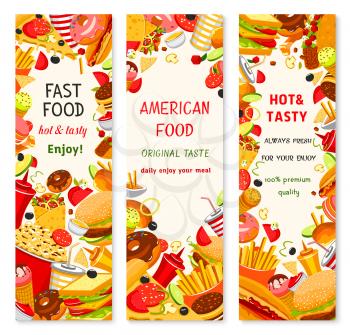 Fast food burgers, hot dog and pizza menu banners for fastfood restaurant design template. Vector french fries and burrito, cheeseburger sandwich and hamburger combo, ice cream and donut dessert