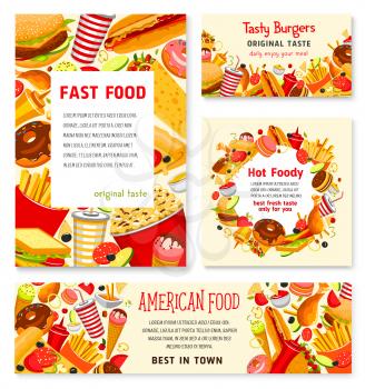 Fast food restaurant posters of meals, snacks or desserts and drinks. Vector menu templates set for fastfood burgers, sauces and hamburgers, hot dog sandwich and pizza with french fries, ice cream or 