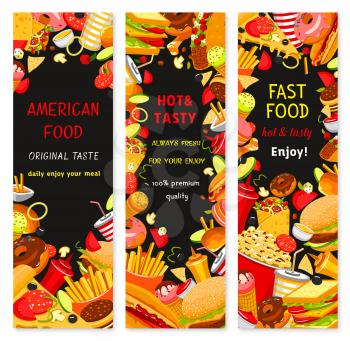 Fast food restaurant banners of burgers and hamburgers, hot dog sandwich and pizza with french fries. Donut or muffin dessert and ice cream. Vector fastfood menu templates of meals, snacks and drinks