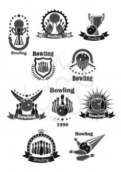 Bowling championship contest and game tournament cup awards design. Vector template icons set of bowling ball and skittle pins, winner trophy laurel wreath ribbon with stars and champion prize goblet