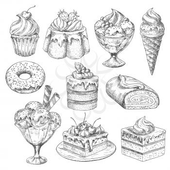 Bakery desserts sketch vector icons. Pastry cakes and biscuits, pudding and cupcakes or chocolate torte muffins and ice cream. Cheesecake or brownie confectionery and cookies for cafeteria menu