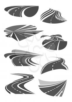Road and highways vector icons set for travel trip or tourist company or motorway repair and construction service corporation. Design elements and symbols of traffic marking and direction turns